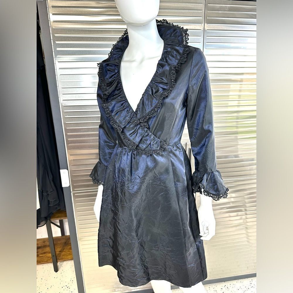 Anna Sui Vintage Taffeta Midnight Iridescent Blue Wrap Dress Small 4